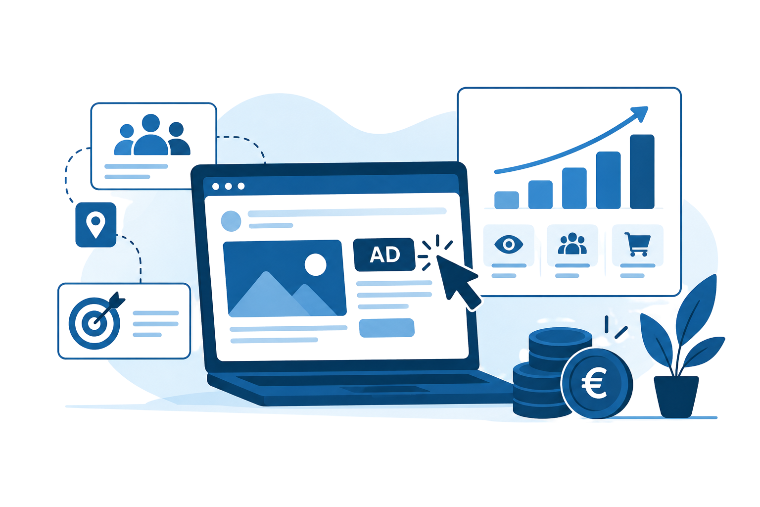 Ilustración de publicidad digital para empresas en España, con campañas online, segmentación de audiencias, análisis de resultados y aumento de conversiones.