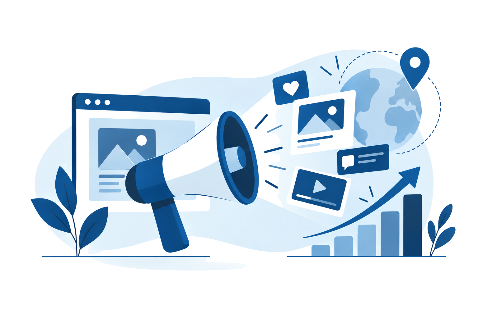 Ilustración de estrategia de redes sociales para aumentar la visibilidad, el alcance y el crecimiento de una marca mediante contenido digital.