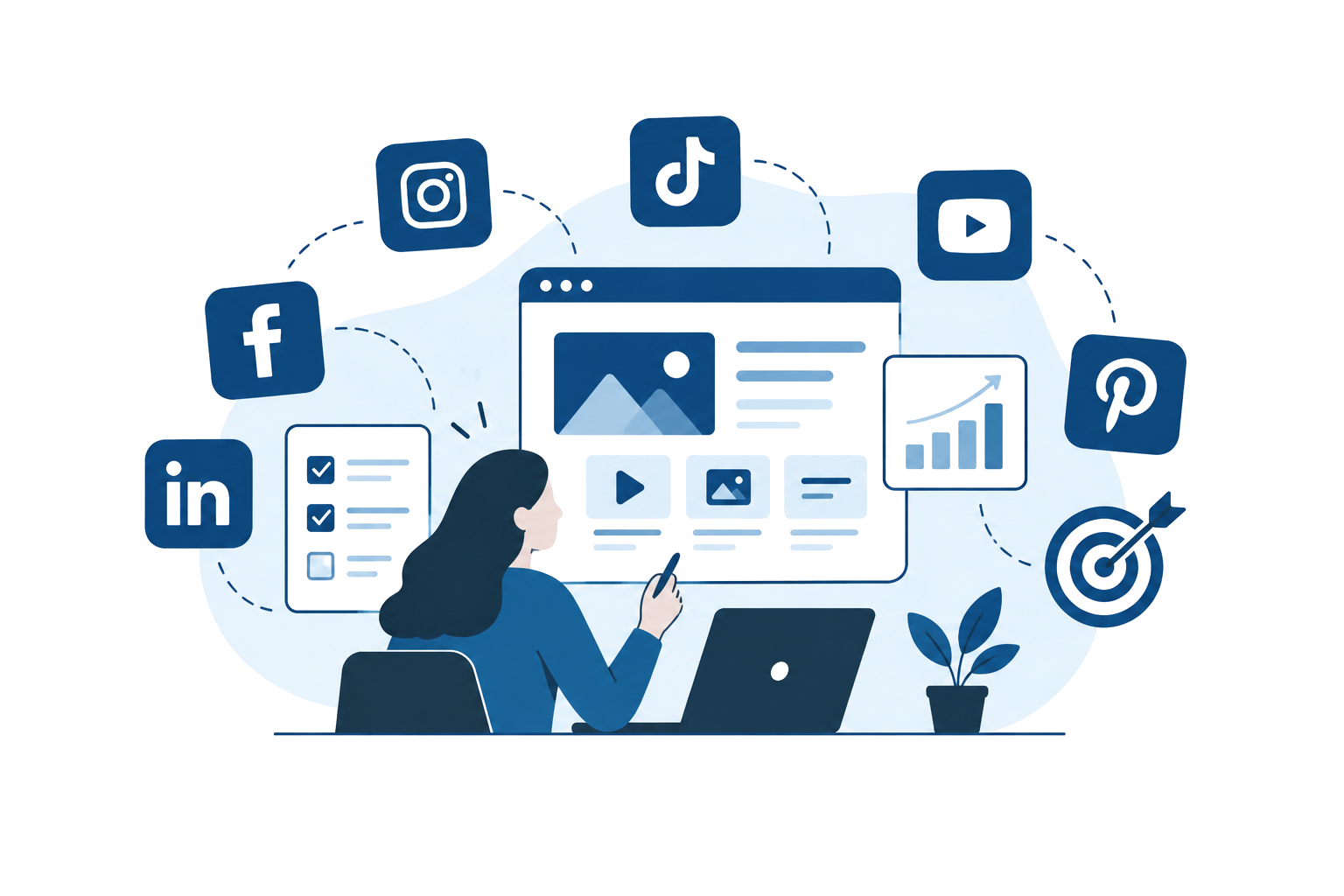 Ilustración de creación y gestión de contenido para redes sociales, con estrategia adaptada a cada negocio y presencia en Instagram, TikTok, YouTube, Facebook, LinkedIn y Pinterest.